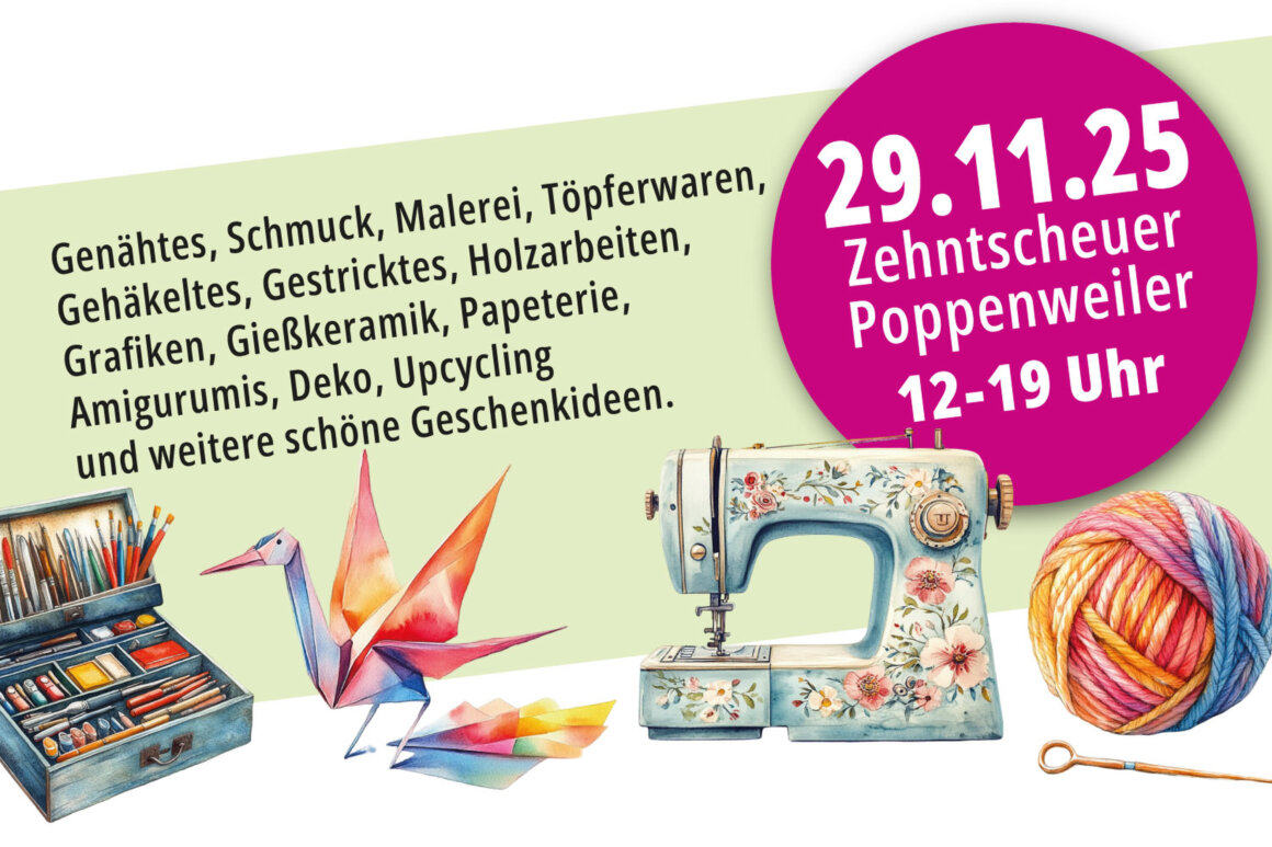 Die Kreativscheuer findet am 29.11.2025 in der Zehntscheuer in Poppenweiler statt. Die Stände bieten an: Genähtes, Schmuck, Malerei, Töpferwaren, Gehäkeltes, Gestricktes, Holzarbeiten, Grafiken, Gießkeramik, Papeterie, Amigurumis, Deko, Upcycling<br />und weitere schöne Geschenkideen.